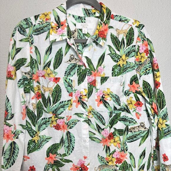 Luxury Linen Charter Club Sz Med Tropical Jungle Print Button Front Roll Sleeve - Picture 9 of 16